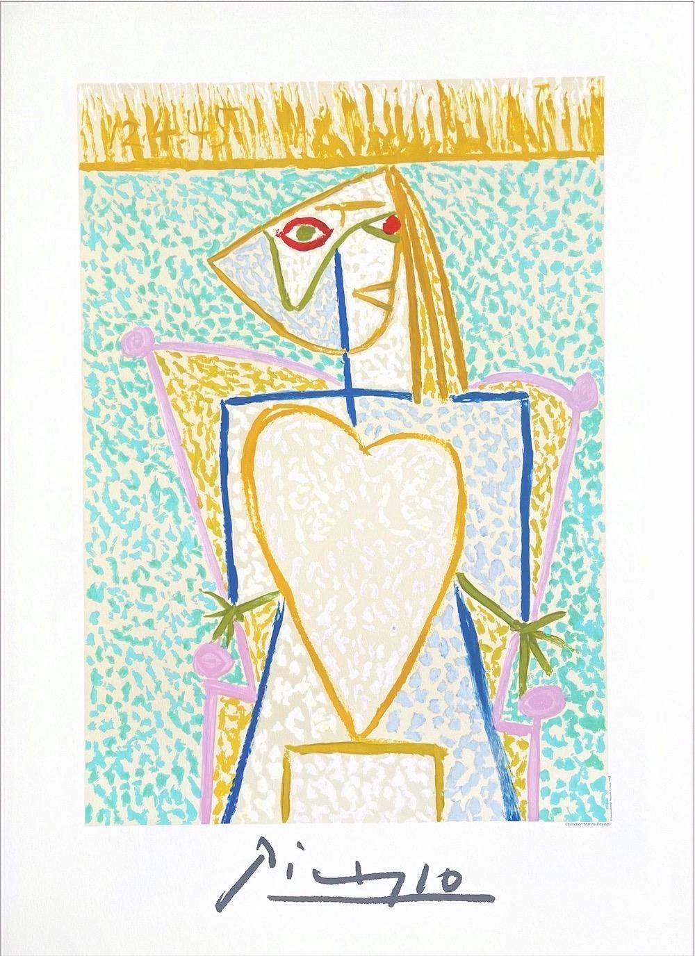 (after) Pablo Picasso Abstract Print – FEMME AU BUSTE EN COEUR Lithographie, farbenfrohe Stick-Figur einer Frau mit gelbem Herz 