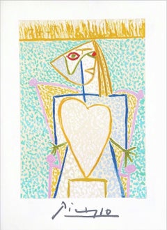 FEMME AU BUSTE EN COEUR Lithograph, Colorful Stick Figure Woman w Yellow Heart 