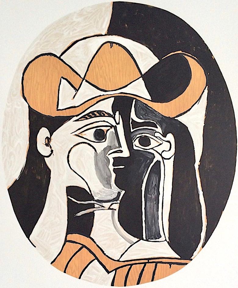 FEMME AU CHAPEAU Lithographie abstraite, Portrait ovale abstrait, Femme chapeau de cow-boy yeux noirs - Print de (after) Pablo Picasso