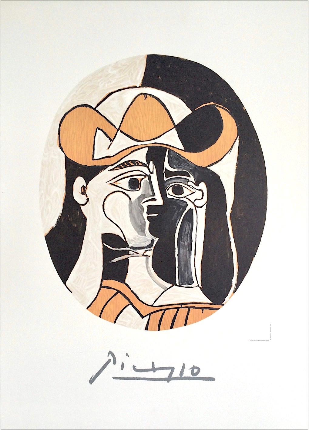 FEMME AU CHAPEAU Lithographie, Abstraktes ovales Porträt, Frau mit schwarzem Cowboyhut im Angebot 1
