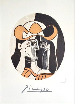 Retro FEMME AU CHAPEAU Lithograph, Abstract Oval Portrait, Woman Cowboy Hat Black Eyes