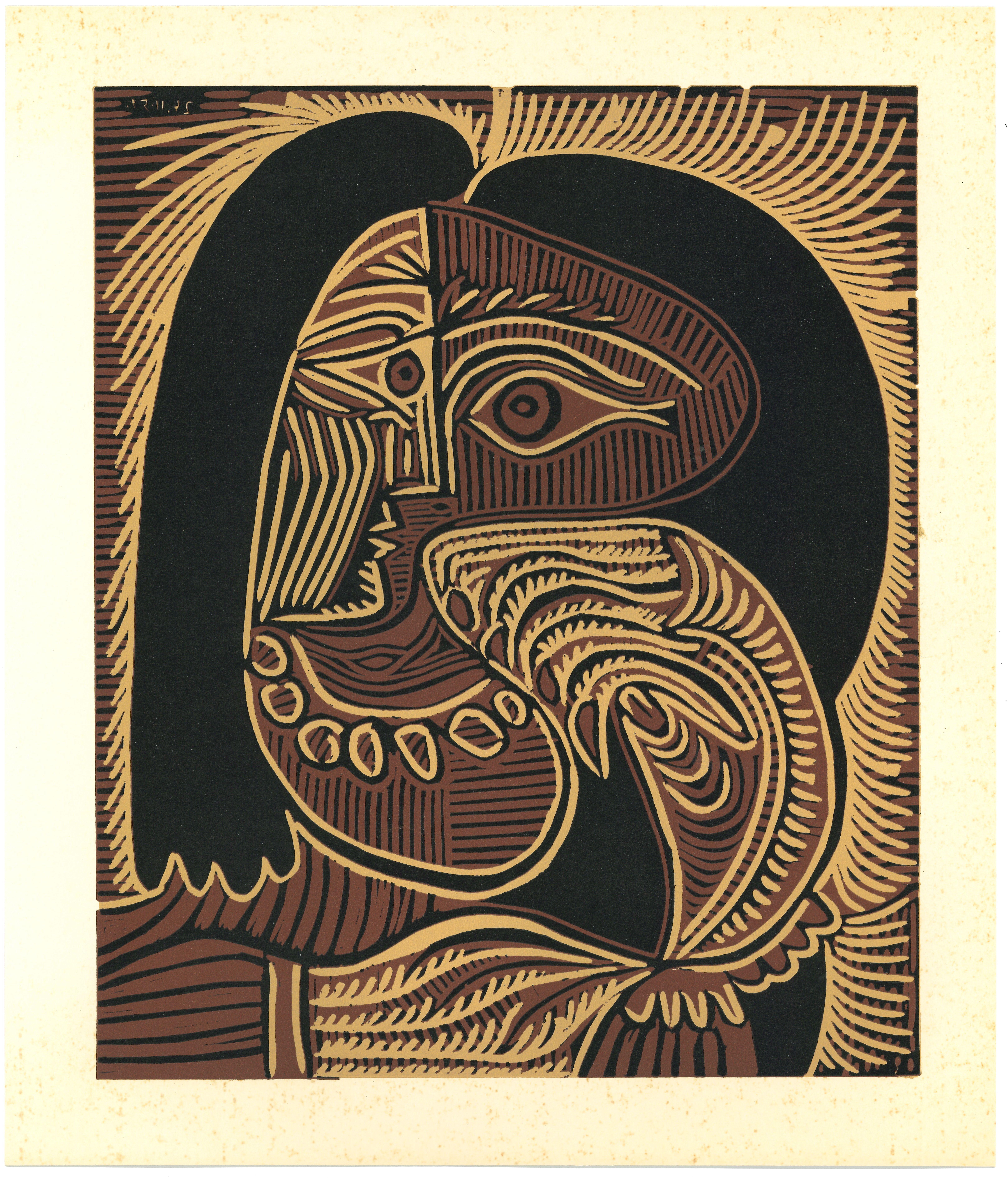 (after) Pablo Picasso Figurative Print – Femme au Collier – Nach Pablo Picasso entworfenes Reproduktionsprodukt im Linoschliff – 1962