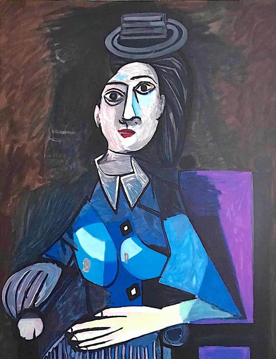 FEMME AU PETIT CHAPEAU ROND, ASSISE Lithograph Seated Woman Gray Hat, Blue Dress - Print by (after) Pablo Picasso
