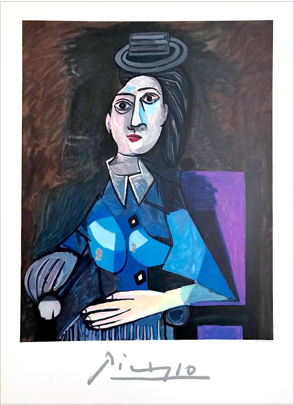 FEMME AU PETIT CHAPEAU ROND, ASSISE Lithograph Seated Woman Blue Dress Small Hat