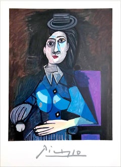 FEMME AU PETIT CHAPEAU ROND, ASSISE Lithographie sitzende Frau mit grauem Hut, blaues Kleid
