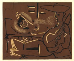 Femme Couche et Guitariste - Linogravure originale d'après Pablo Picasso - 1962