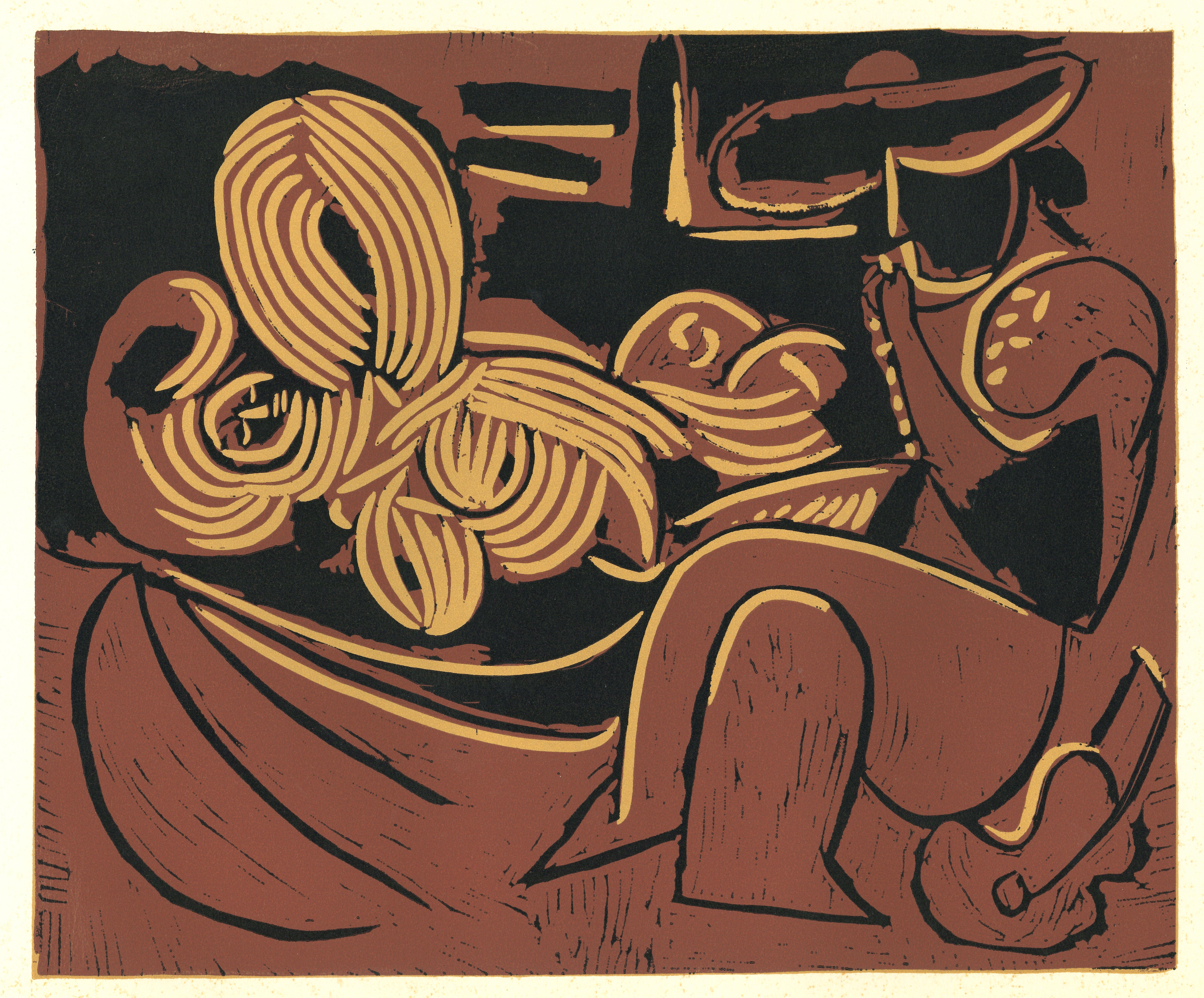 Femme Couchée et Homme à la Guitare- Linogravure originale d'après Pablo Picasso - 1962