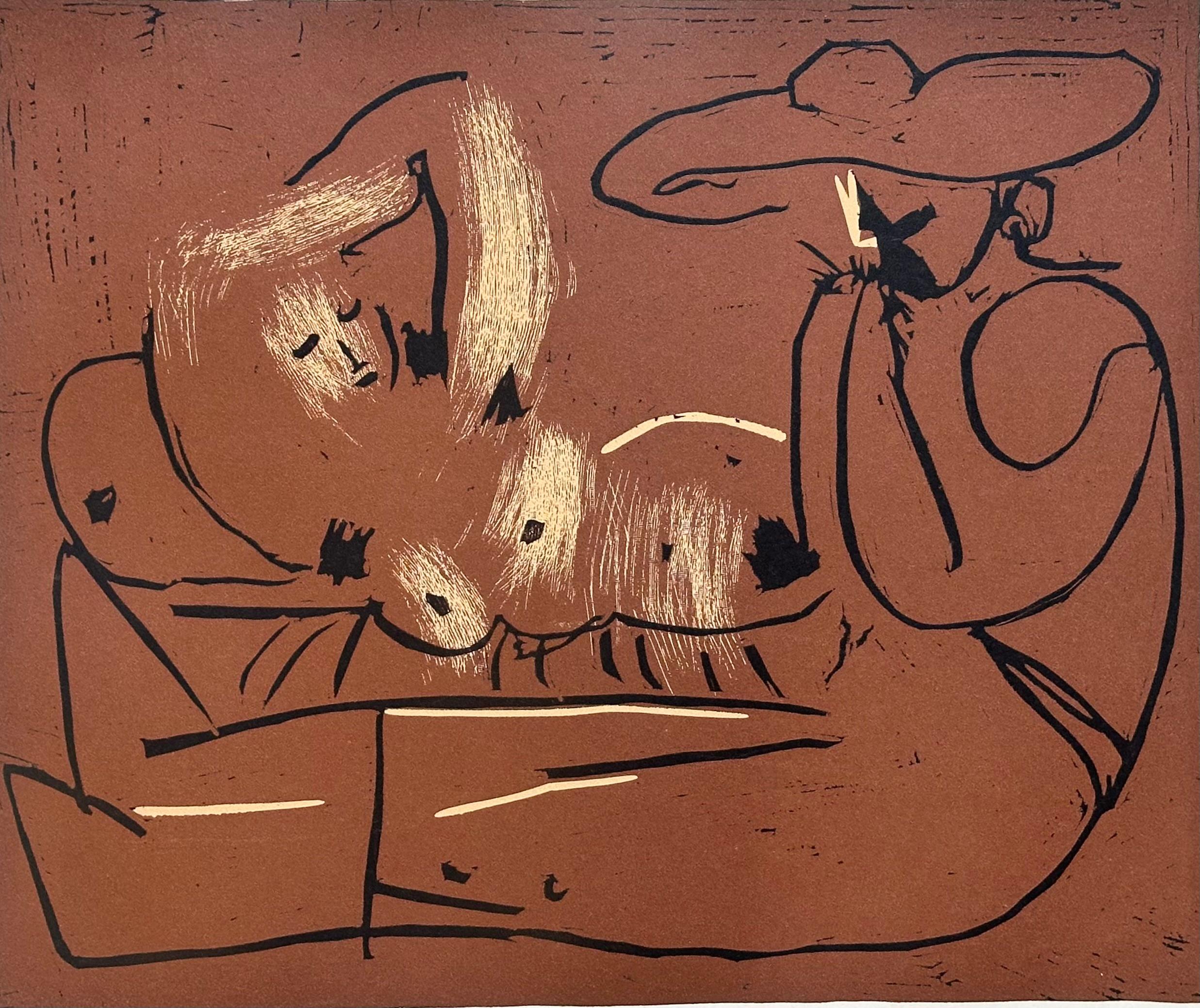 Nude Print de (after) Pablo Picasso - Pablo Picasso  Femme couchée et homme au grand chapeau, 1962
