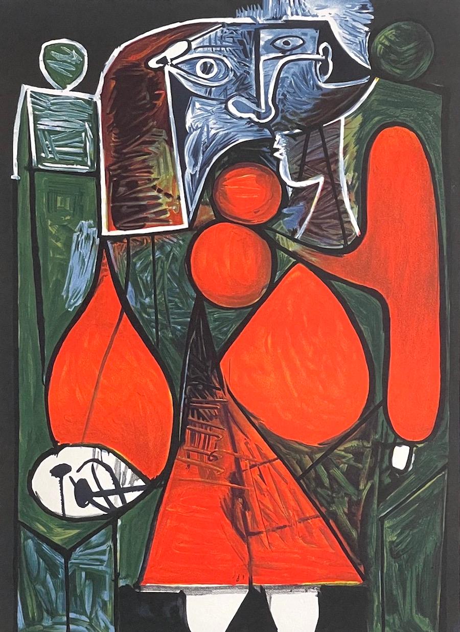 FEMME EN ROUGE SUR FAUTEUIL Lithographie, sitzende Frau auf Sessel, rotes Kleid – Print von (after) Pablo Picasso