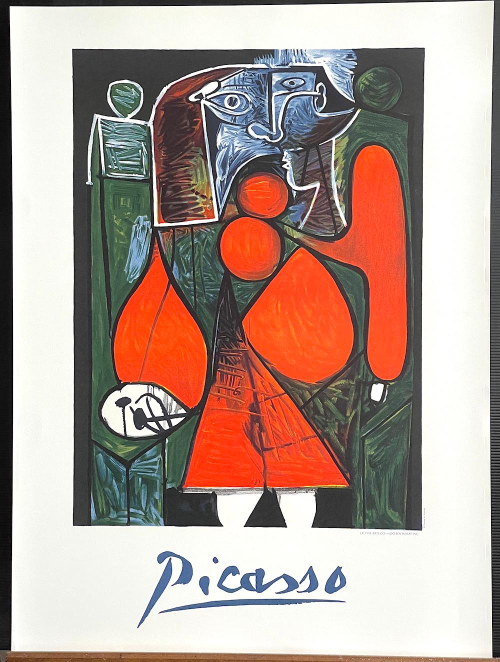 FEMME EN ROUGE SUR FAUTEUIL Lithographie, sitzende Frau auf Sessel, rotes Kleid (Grau), Interior Print, von (after) Pablo Picasso