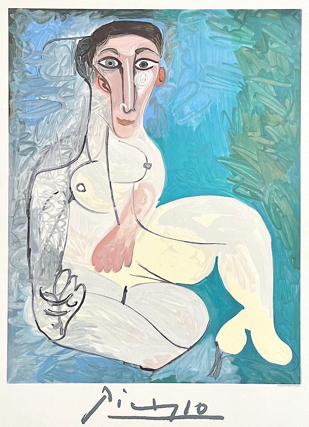 Femme Nu Assise dans l'herbe, Lithograph, Abstract Seated Nude, Aqua, Pink, Gray - Print by (after) Pablo Picasso