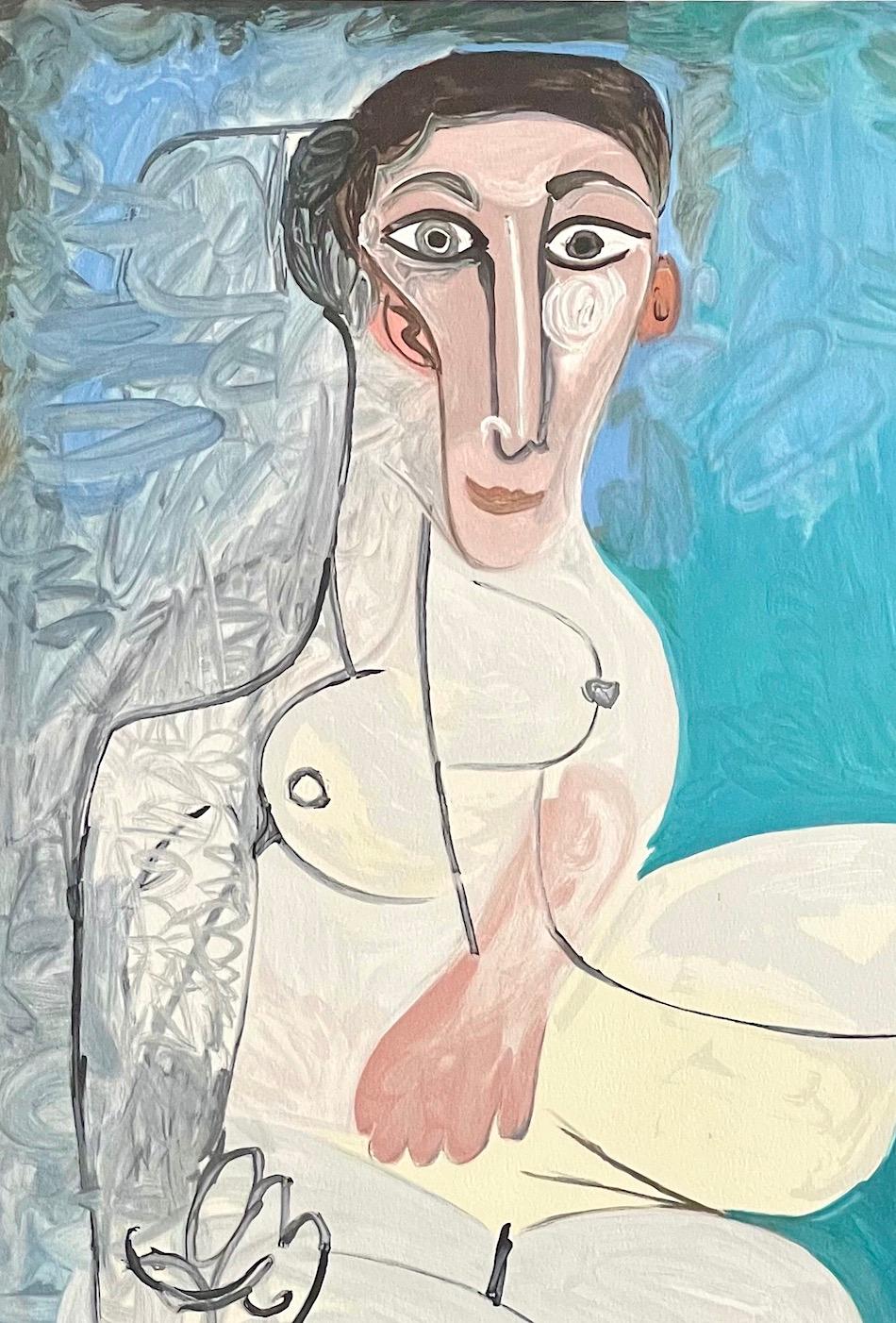 Femme Nu Assise dans l''herbe, Lithographie, Abstrakter sitzender Akt, Aqua, Rosa, Grau (Blau), Nude Print, von (after) Pablo Picasso