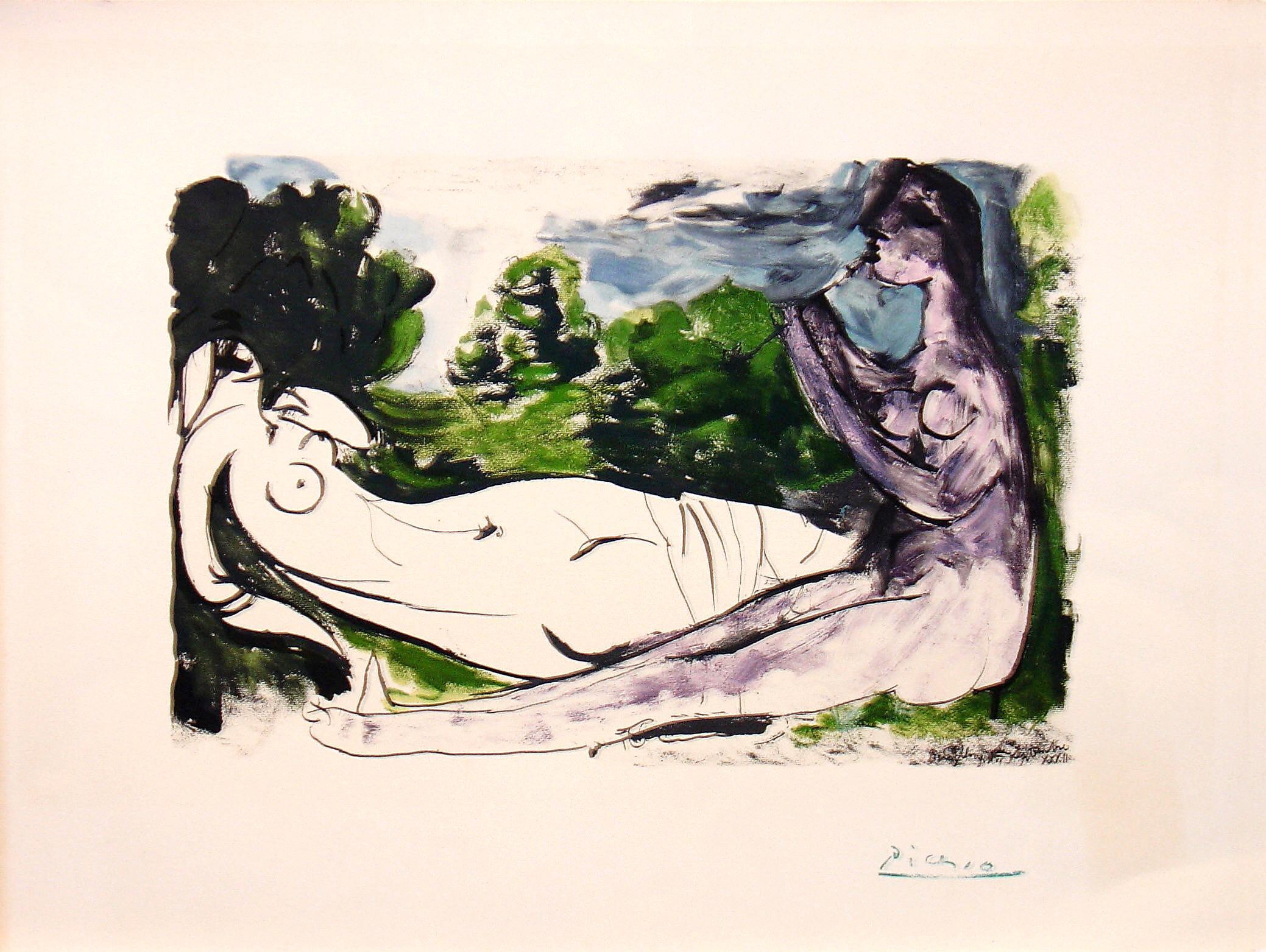 (after) Pablo Picasso Figurative Print - FEMME NUE ET JOUEUSE DE FLUTE