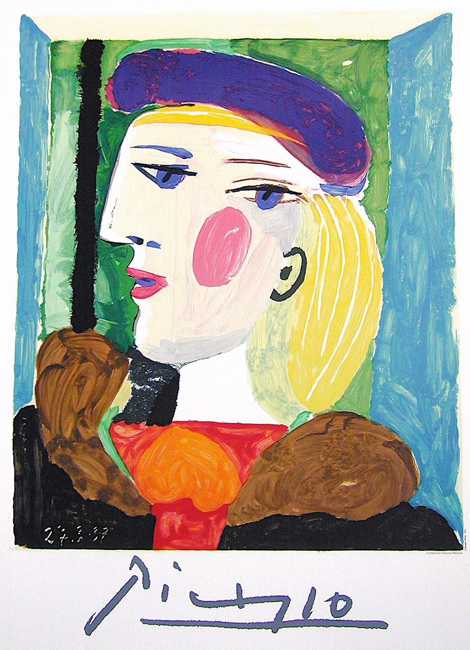 FEMME PROFILE(Marie Therese Walter) Lithograph, Portrait Blonde Woman Blue Beret - Print by (after) Pablo Picasso
