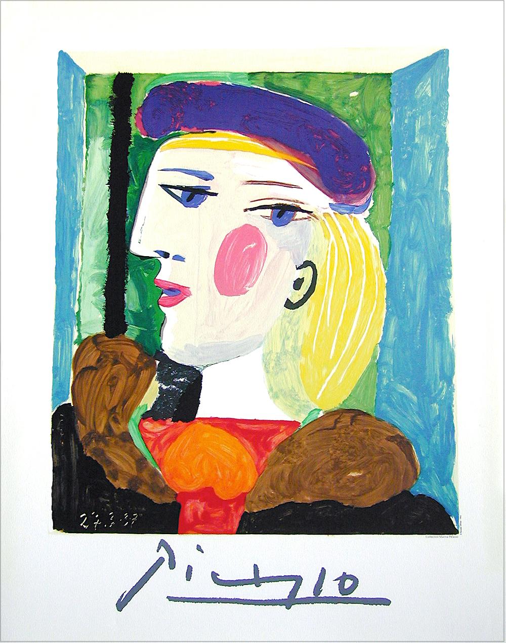 FEMME PROFILE (Marie Therese Walter) Lithographie, Porträt Blonde Frau mit blauem Beret (Beige), Abstract Print, von (after) Pablo Picasso