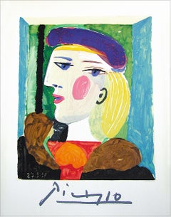 FEMME PROFILE(Marie Therese Walter) Lithograph, Portrait Blonde Woman Blue Beret
