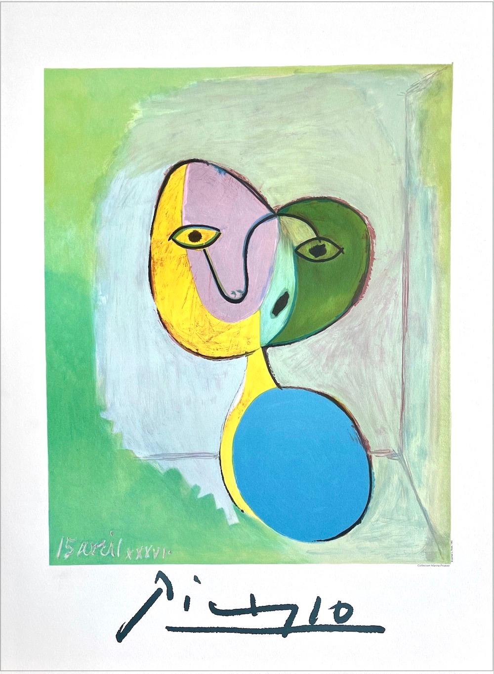 FIGURE(Marie-Thérèse Walter) Lithograph, Playful Abstract Portrait, Pastel Green