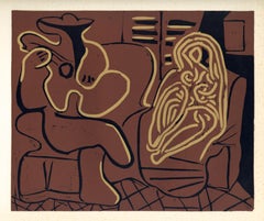 "Guitar Player and Seated Woman" linocut