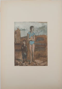 Harlequin in the desert landscape - Lithograph and stencil, Signed