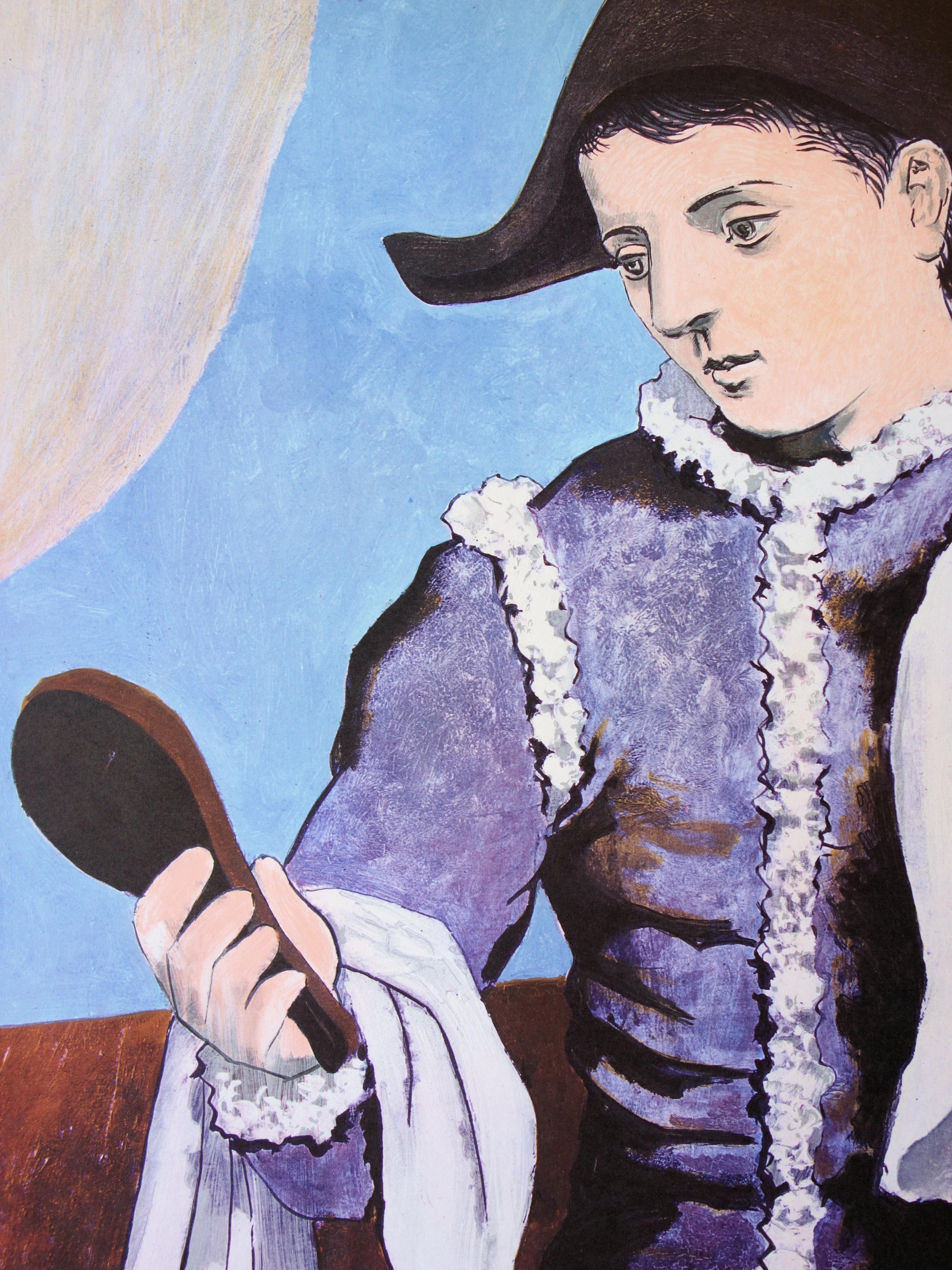 Harlequin avec un miroir - Affiche lithographique vintage (Mourlot) - Czwiklitzer #424 - Violet Figurative Print par (after) Pablo Picasso