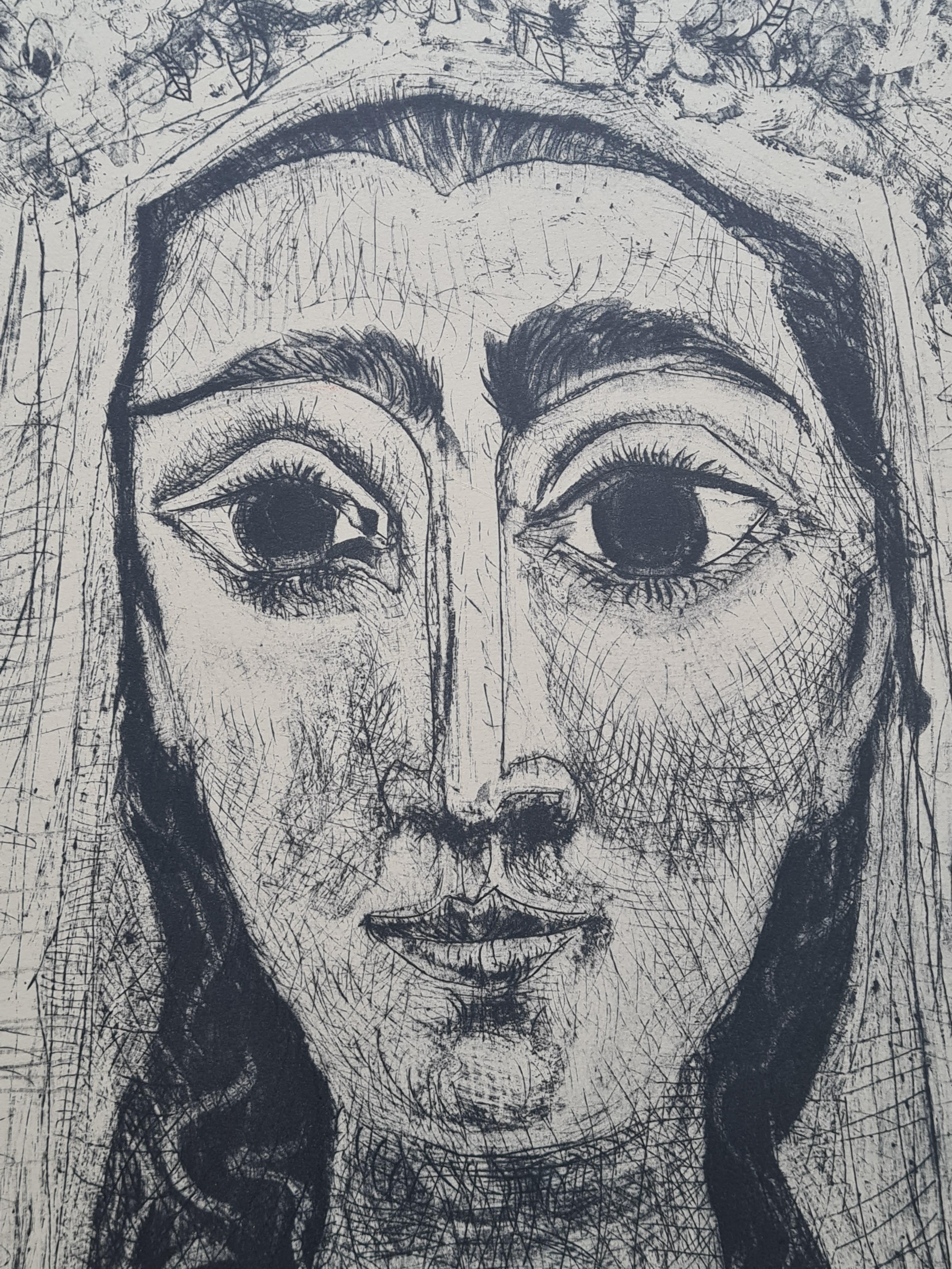 Jacqueline en Mariée seventeenth and penultimate state print of Picasso's original. This is a heliogravure produced in 1971 by Éditions Cercle d'art in an unknown quantity. (The original engraving being 'aquatinte, grattoir, pointe seche burin et