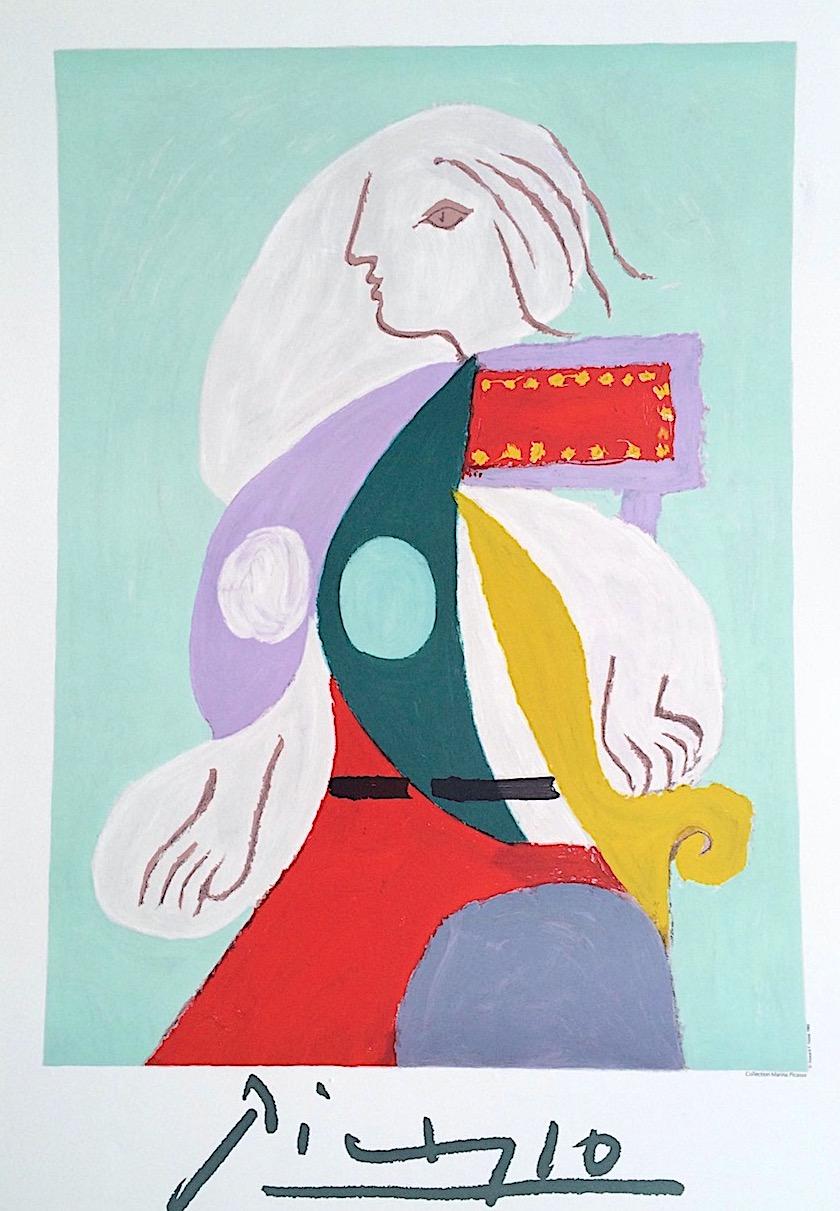 JEUNE FILLE Lithographie, portrait de jeune femme à profil abstrait en multicolore - Print de (after) Pablo Picasso