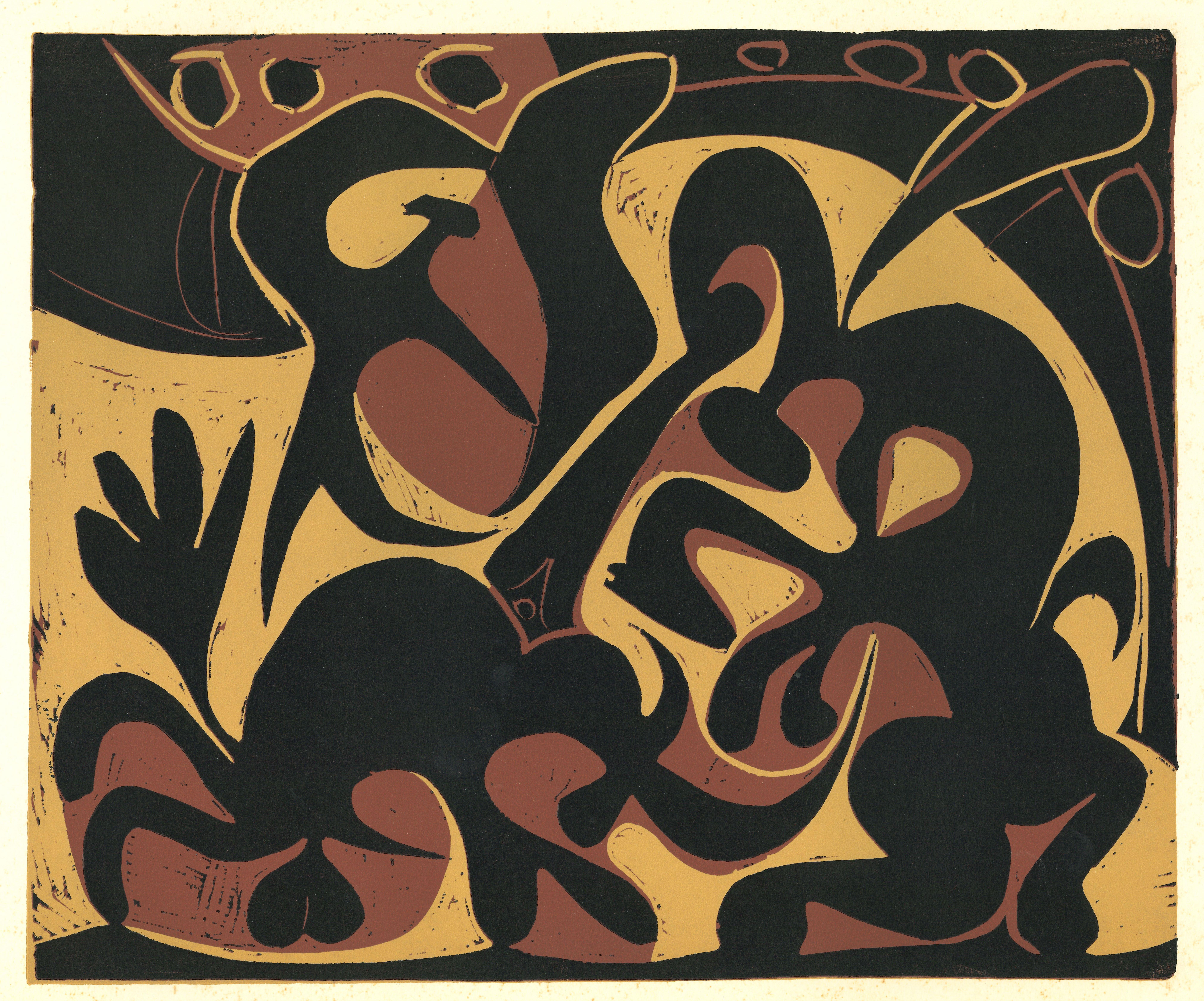 (after) Pablo Picasso Figurative Print - La Pique en Noir et Beige - Original Linocut After Pablo Picasso - 1962