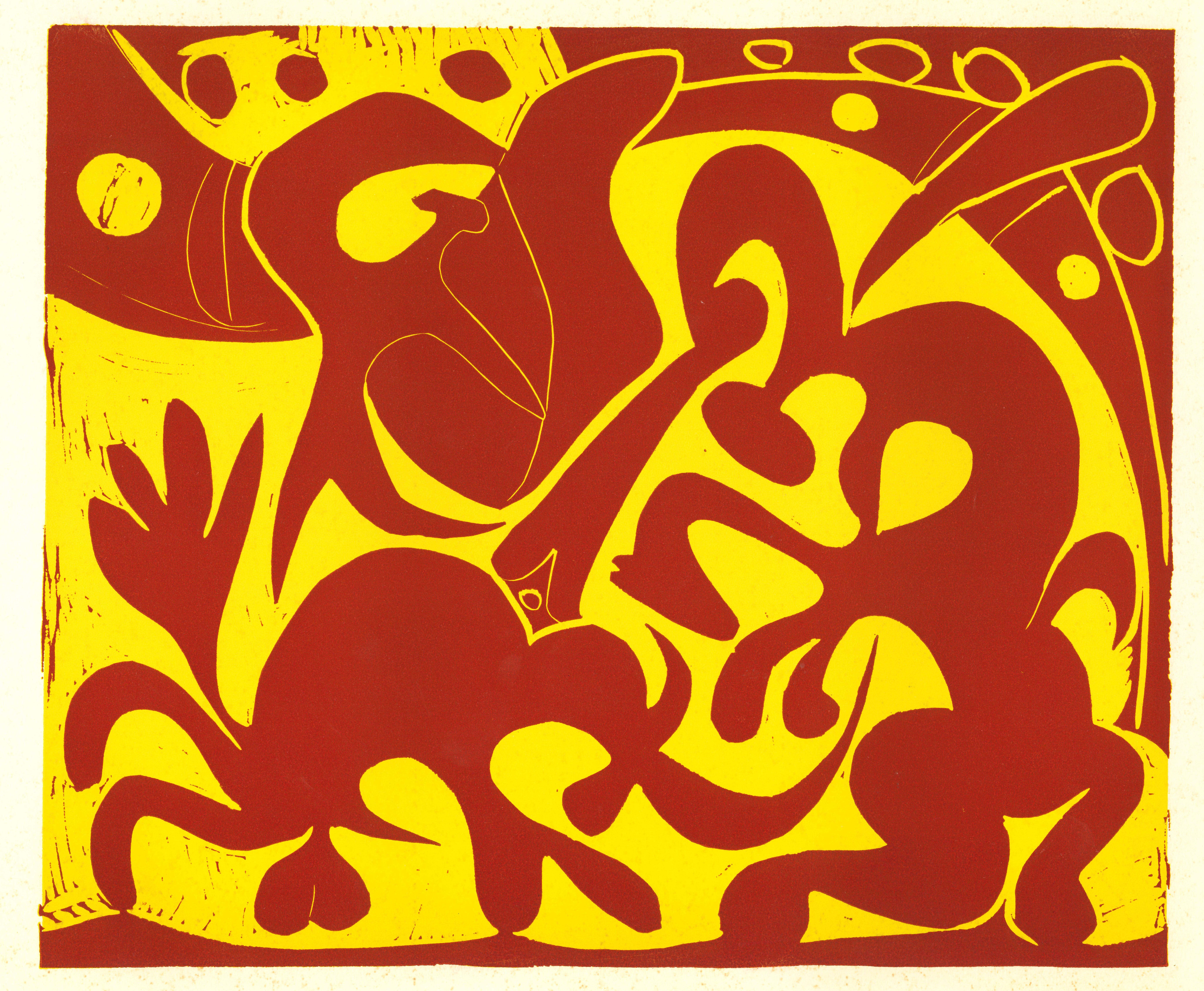 (after) Pablo Picasso Figurative Print - La Pique en Rouge et Jaune - Original Linocut After Pablo Picasso - 1962