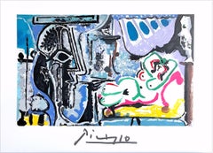 Vintage LE PEINTRE ET SON MODELE Lithograph, Abstract Artist w Nude Model, Mask Face