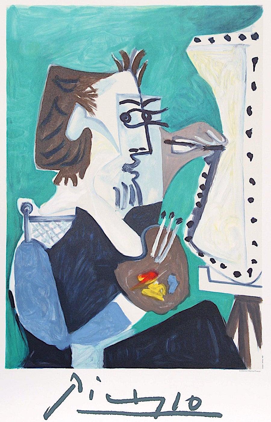 LE PEINTRE Lithograph, Artist Portrait, Painter at his Easel, Cool Green, Blue - Print by (after) Pablo Picasso