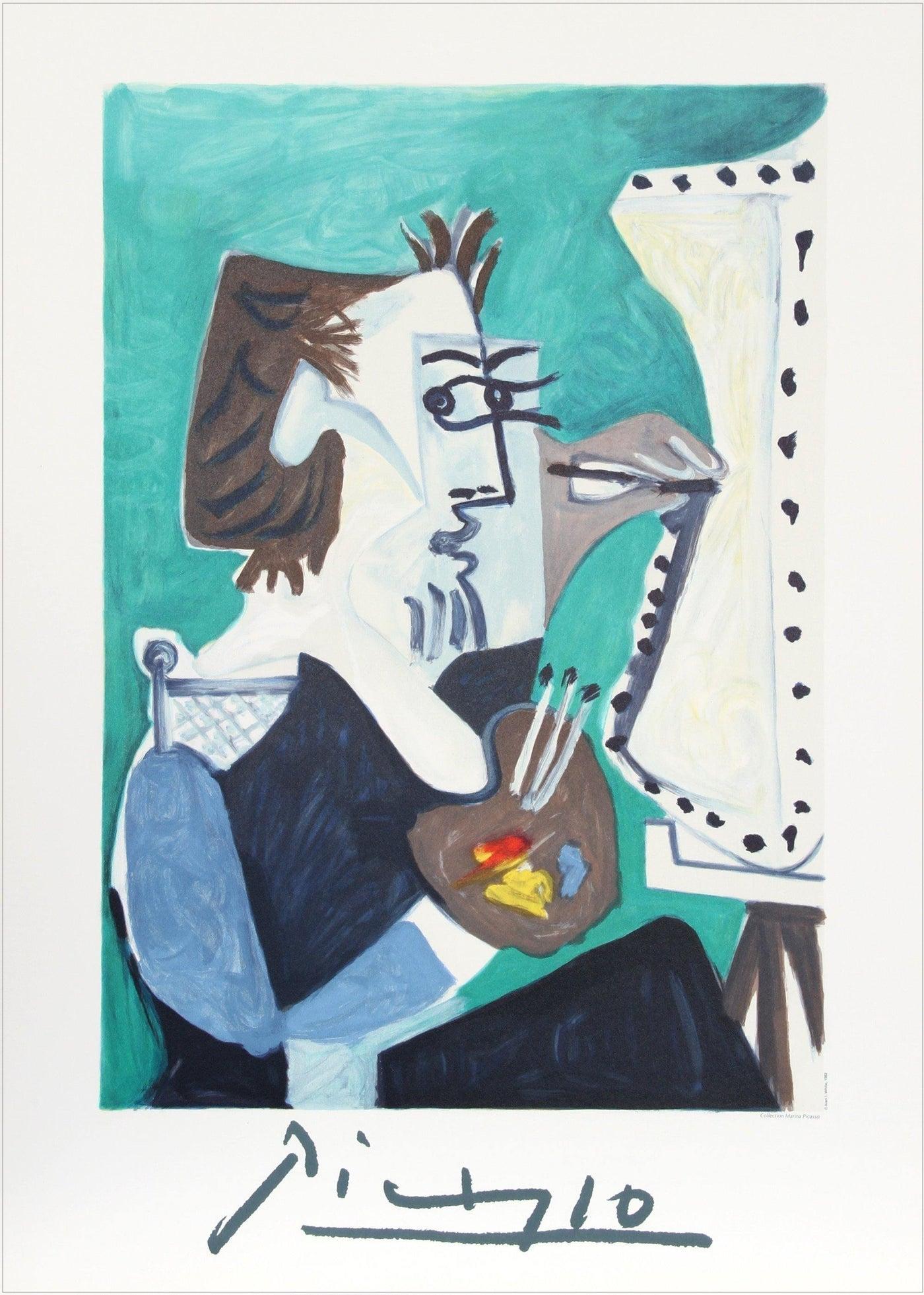 LE PEINTRE Lithograph, Artist Portrait, Painter at his Easel, Cool Green, Blue