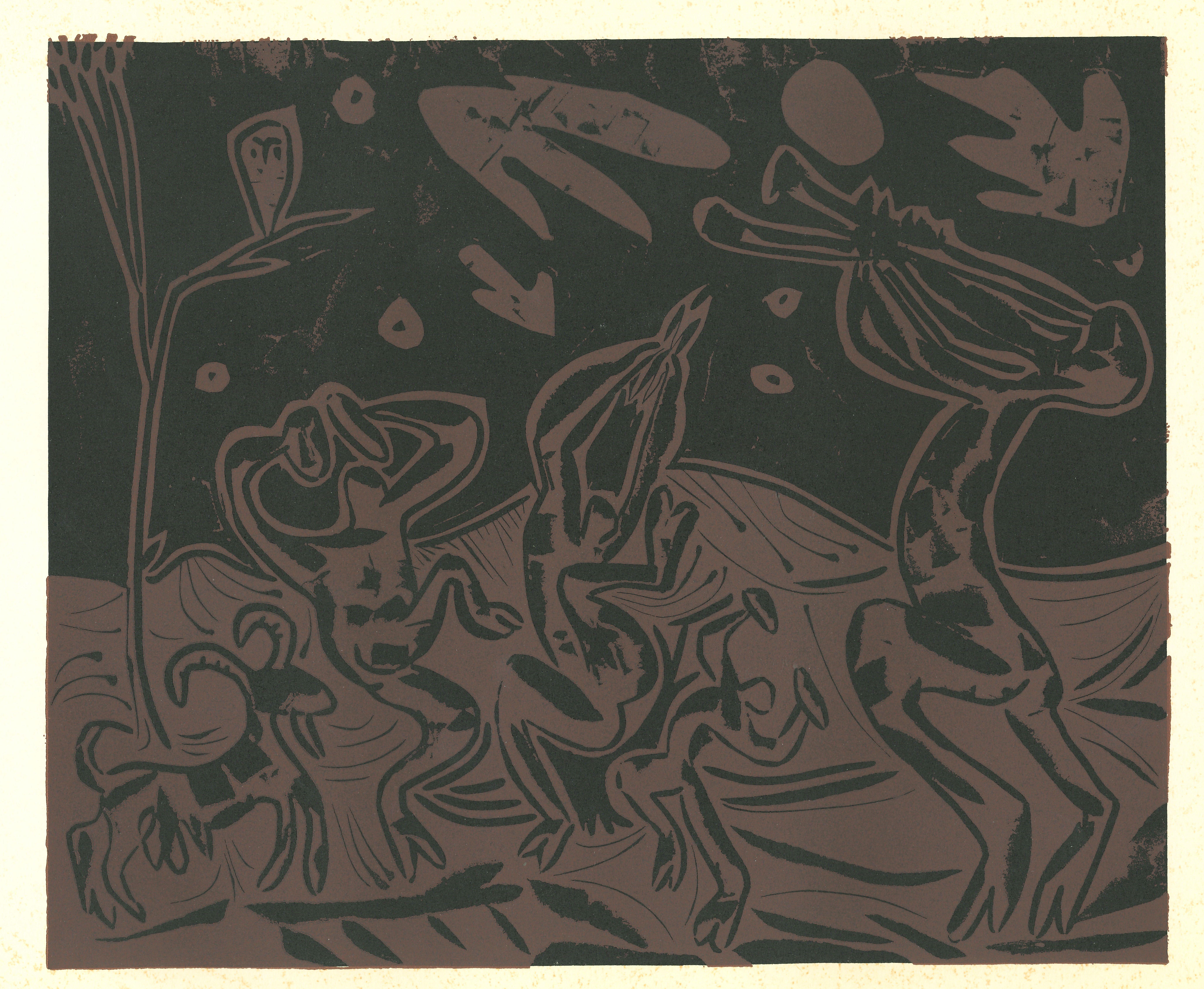 (after) Pablo Picasso Figurative Print - Les Danseurs au Hibou - Linocut Reproduction After Pablo Picasso - 1962