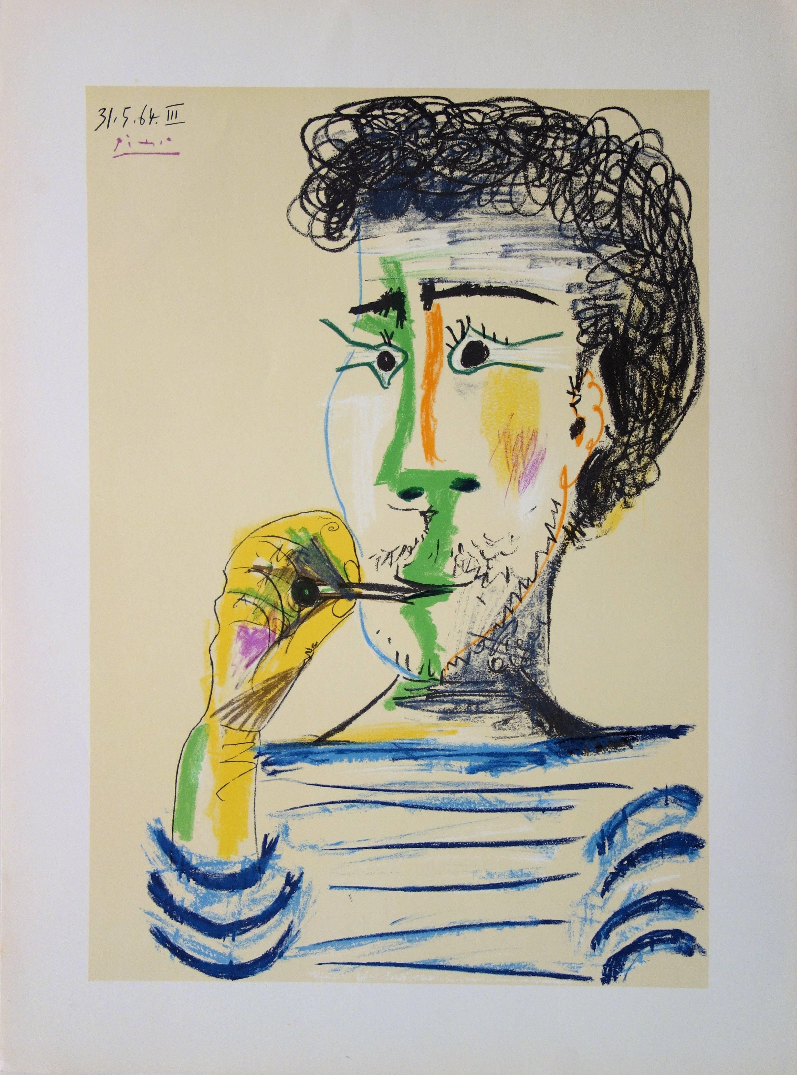 (after) Pablo Picasso Portrait Print - Man With Sailor Blouse and Cigarette - Stone lithograph - 1966