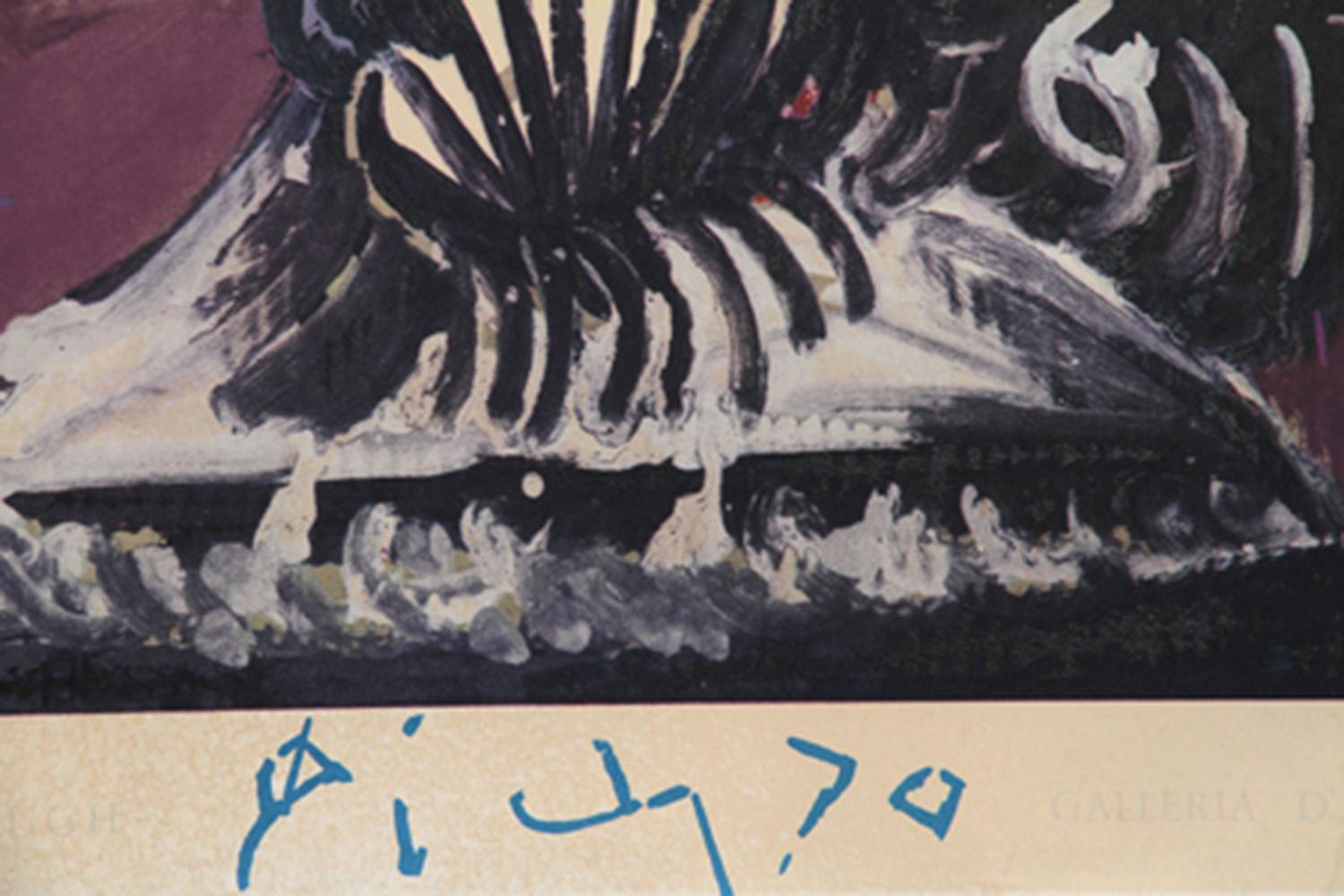Esta pieza fue creada para una exposición en la Galería de Arte Marlborough de Roma, en octubre de 1970, en la que aparece un caballero español del Siglo de Oro.

Artista: Pablo Picasso
Título: Marlborough: Galería de Arte, Roma
Año: 1969
Medio: