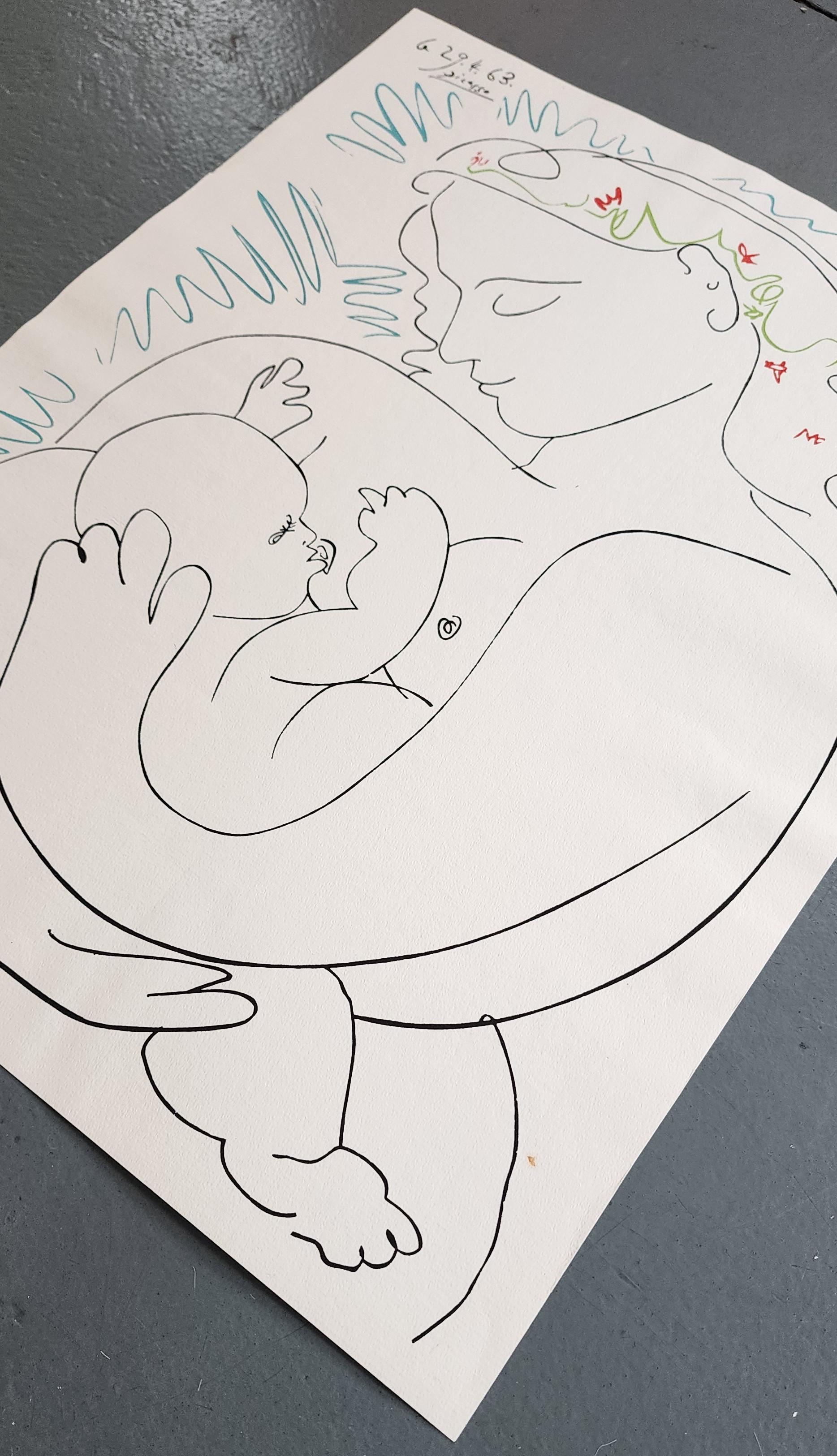 Pablo Picasso, d'après
Maternité 
Lithographie couleur sur vélin d'Arches
Reproduction autorisée
Année : 1963
Taille : 19.3X14.3in sur 20.1X15.8in
Editions Pour la Paix (S.P.A.D.E.M.)
Signé et daté dans la pierre
L'ACO a fourni
Réf. :