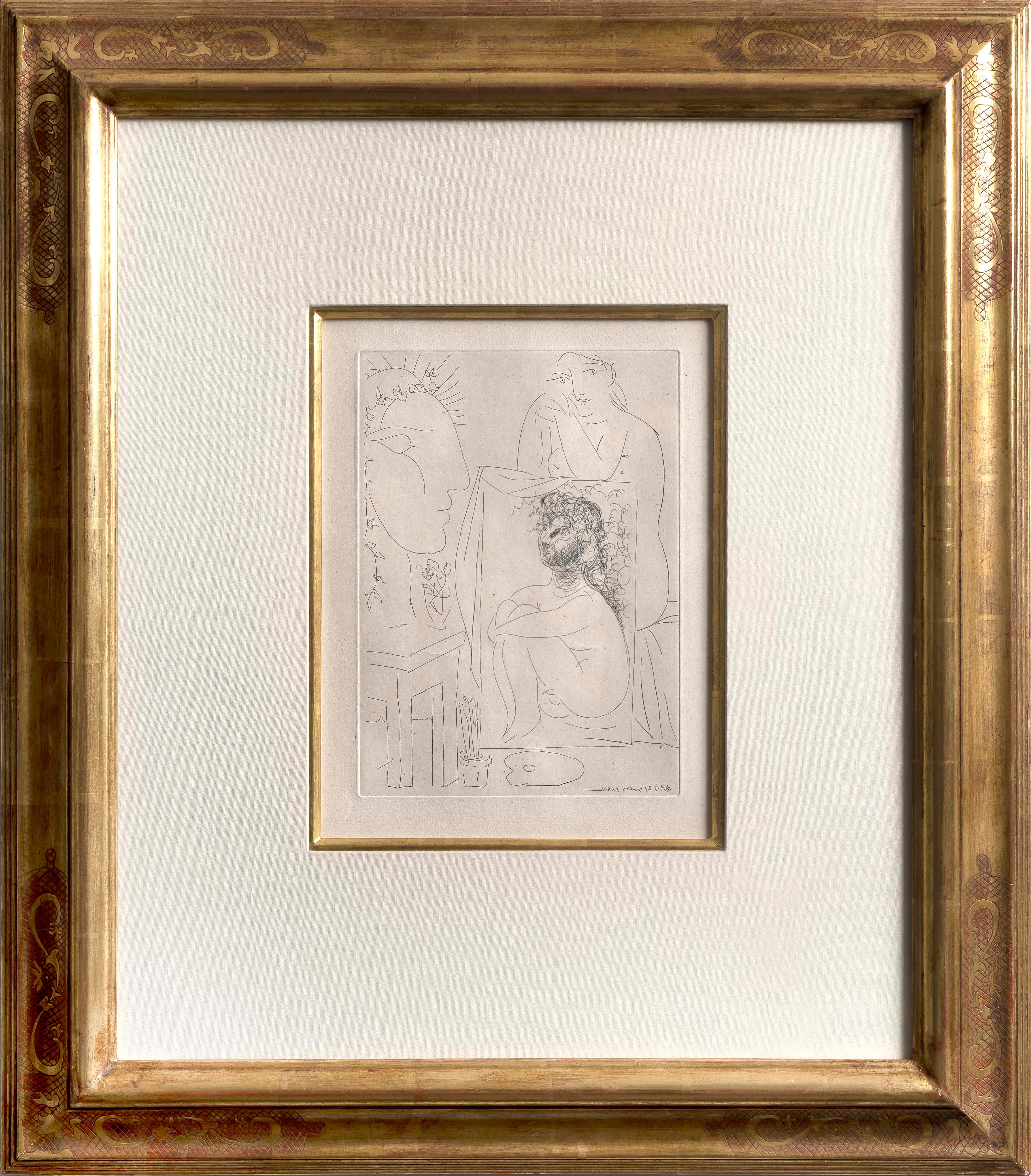 Modele Accoude sur un Tableau Etching, Modern Style, Framed, 1930s