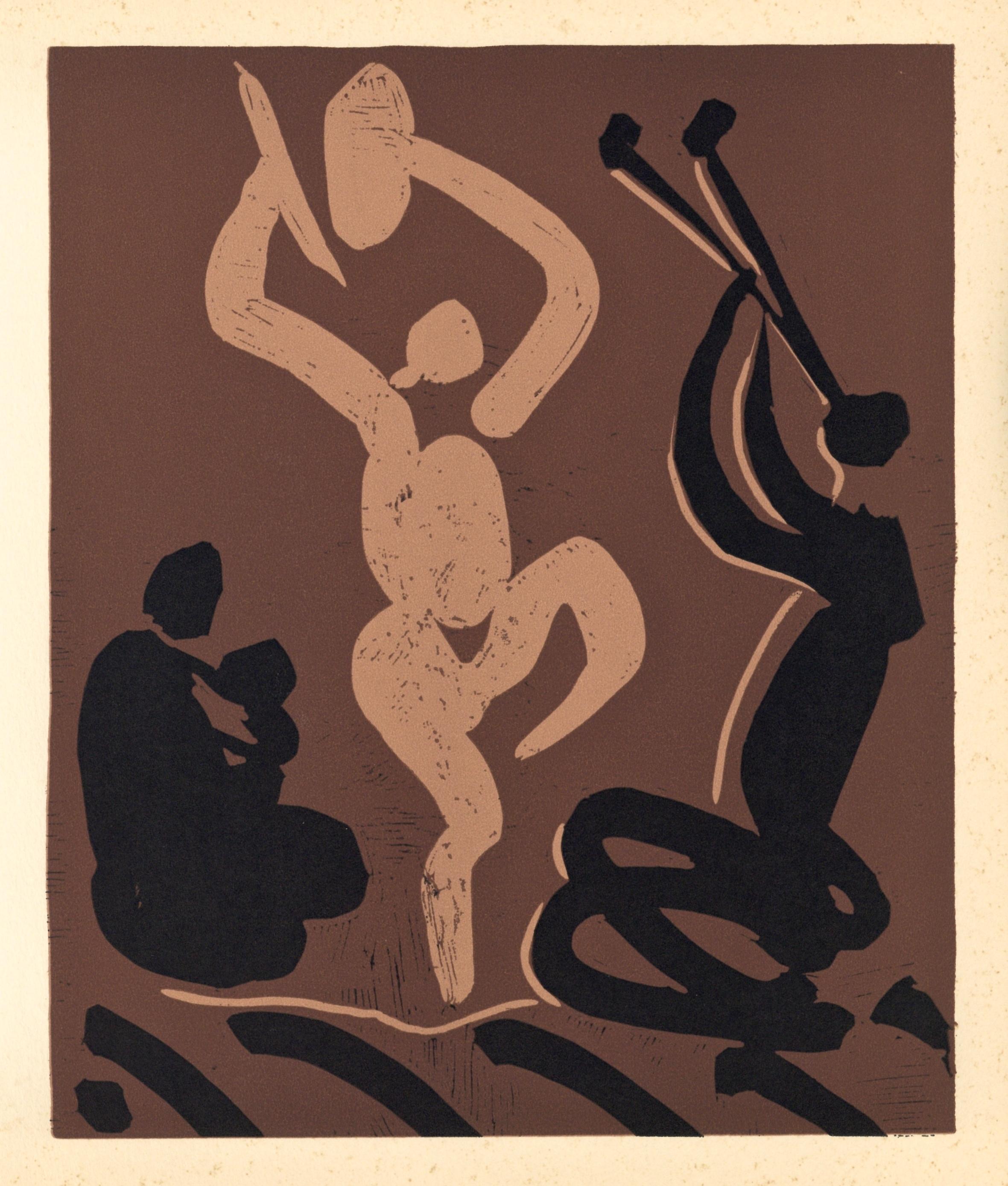 „Mutter, Kind, Tänzerin und Flötenspieler“ Linolschnitt – Print von (after) Pablo Picasso