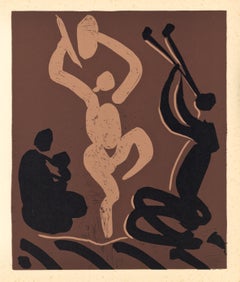 "Mother, Child, Dancer and Flute Player" linocut