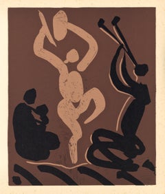 Vintage "Mother, Child, Dancer and Flute Player" linocut