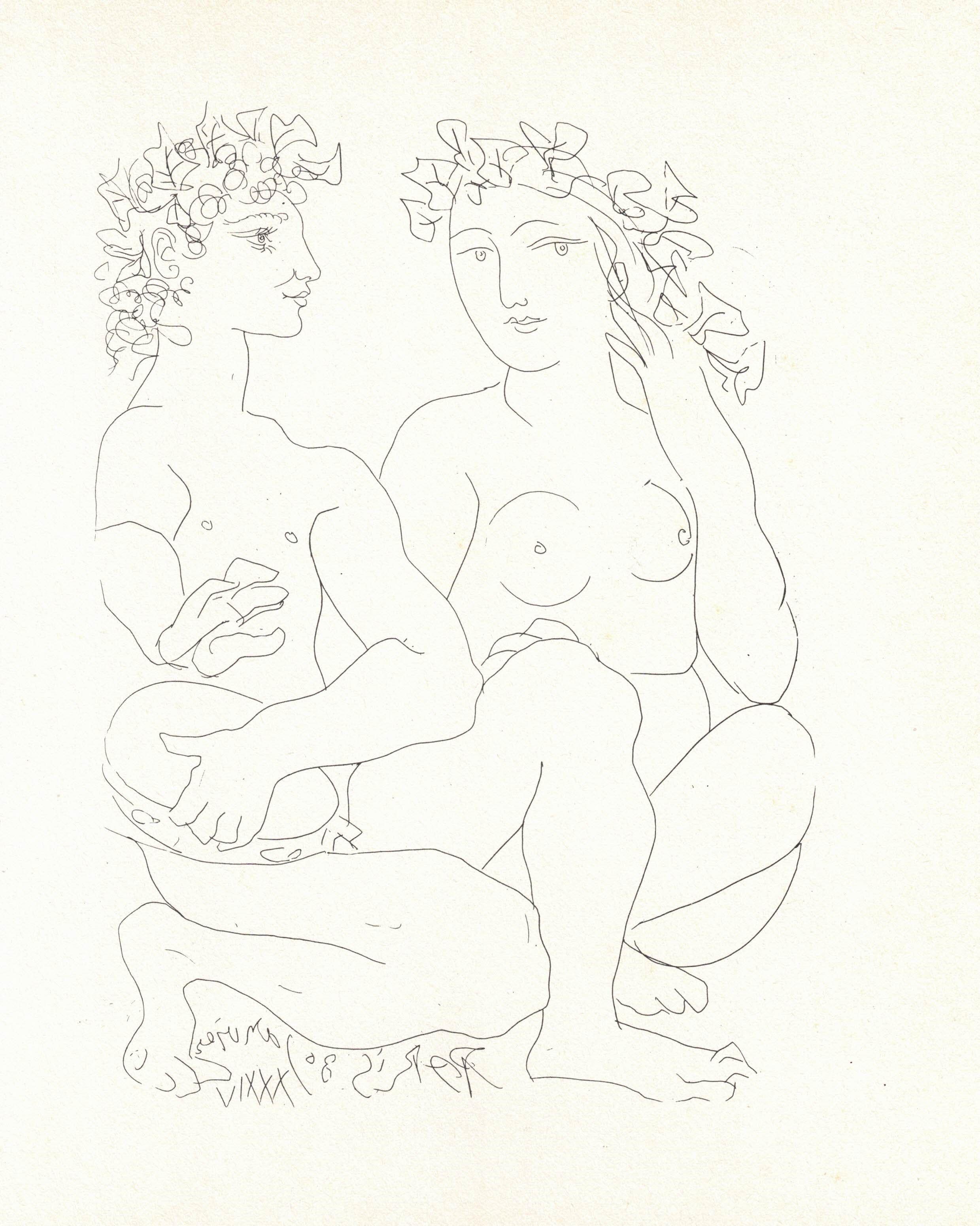 (after) Pablo Picasso Nude Print – Akt- und Tambourine-Spieler