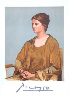 Lithographie OLGA PICASSO, portrait de femme assise réaliste marron, rose et gris