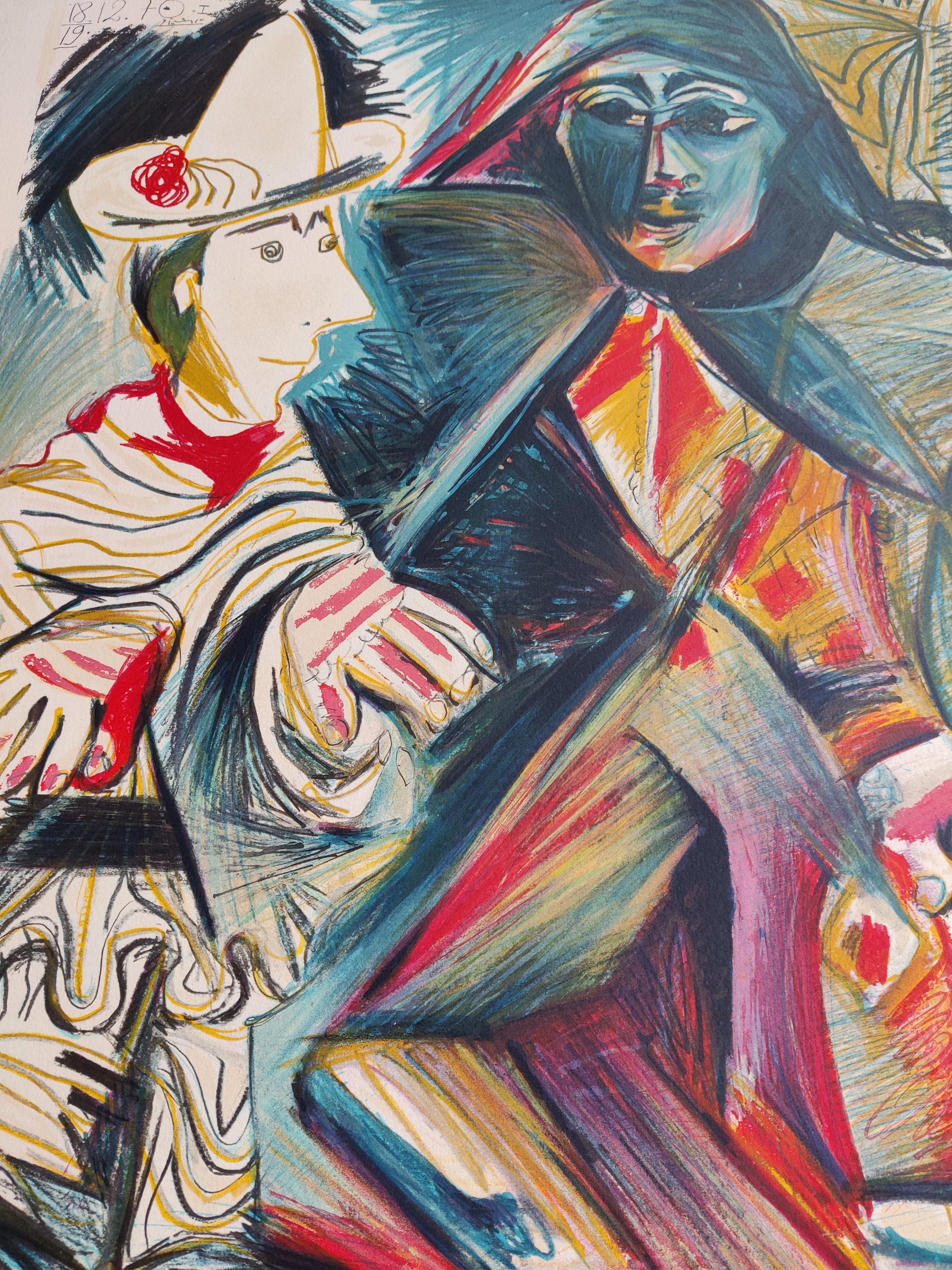 Pablo Picasso (d'après)
Le clown et l'arlequin, 1971
Lithographie
Plaque signée
Numéroté HC 37/125
Taille de l'image : 57 × 43 cm
Taille de la feuille : 76 × 57 cm
Publié par Mourlot, Paris.
Référence : Czwiklitzer 437