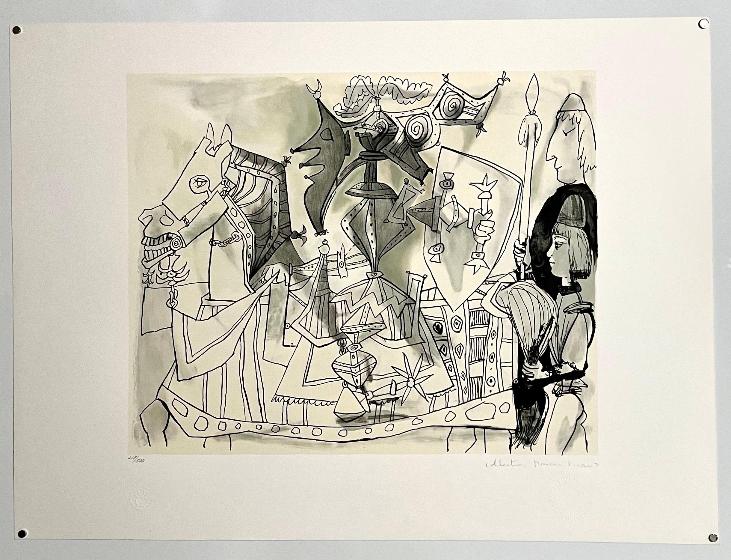 Lithographie cubiste abstraite signée à la main représentant un cheval, une armure et un cheval, Pablo Picasso - Print de (after) Pablo Picasso