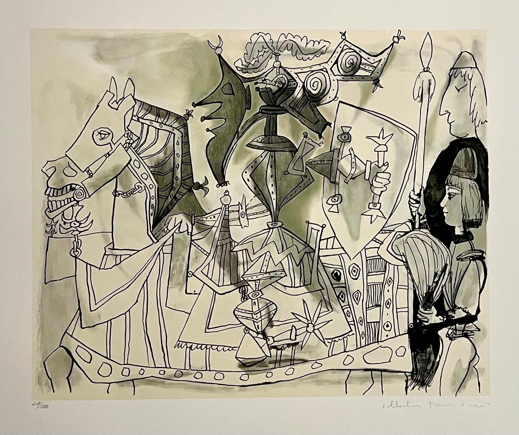 Abstract Print (after) Pablo Picasso - Lithographie cubiste abstraite signée à la main représentant un cheval, une armure et un cheval, Pablo Picasso
