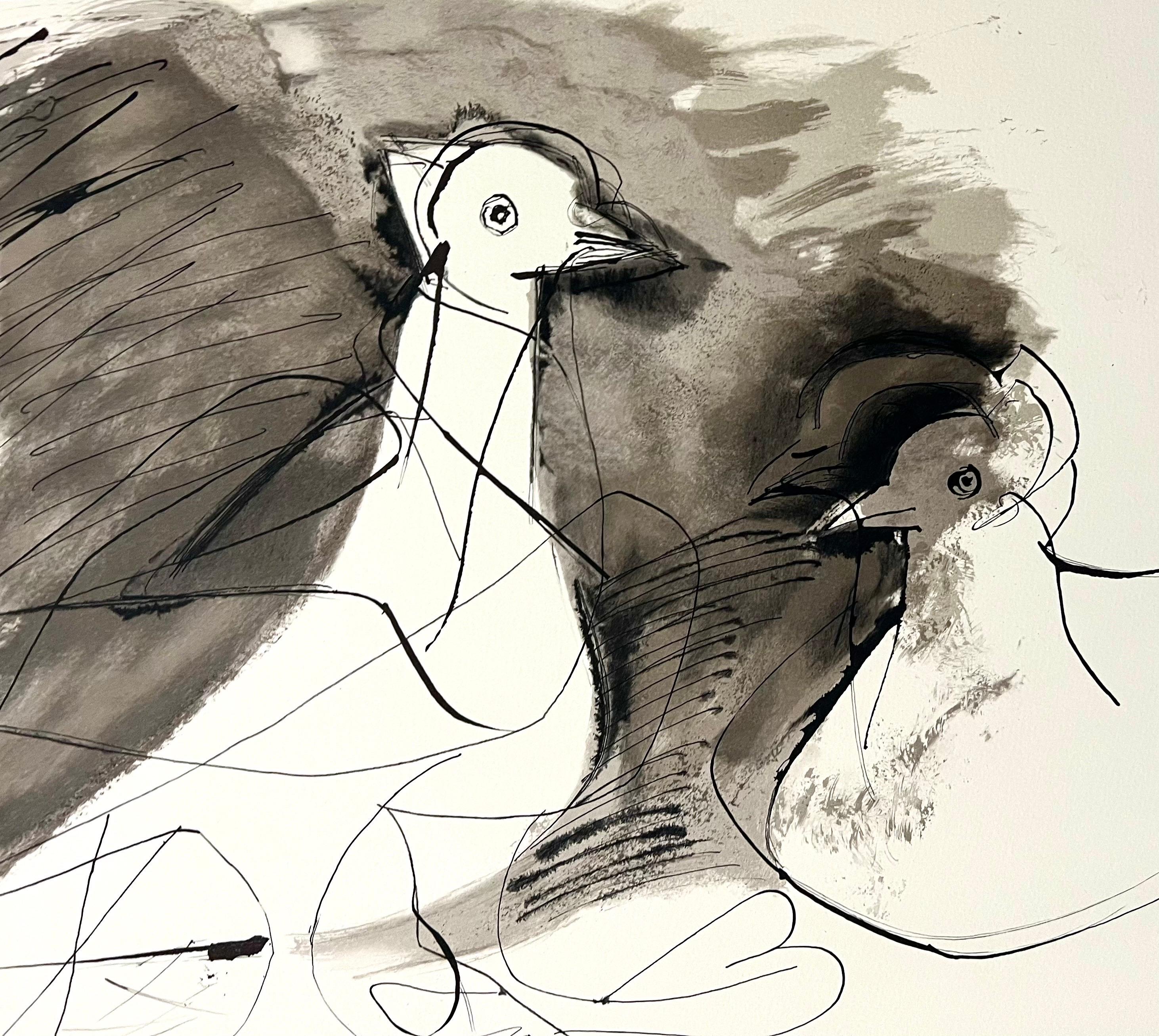 Lithographie cubiste abstraite signée à la main représentant des colombes et des oiseaux, Pablo Picasso - Beige Figurative Print par (after) Pablo Picasso