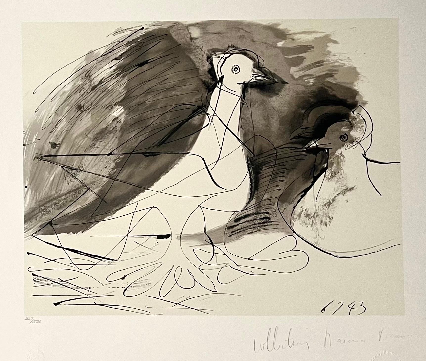 (after) Pablo Picasso Figurative Print - Pablo Picasso Estate Hand Signed Cubist Abstract Lithograph Pigeons Doves, Birds