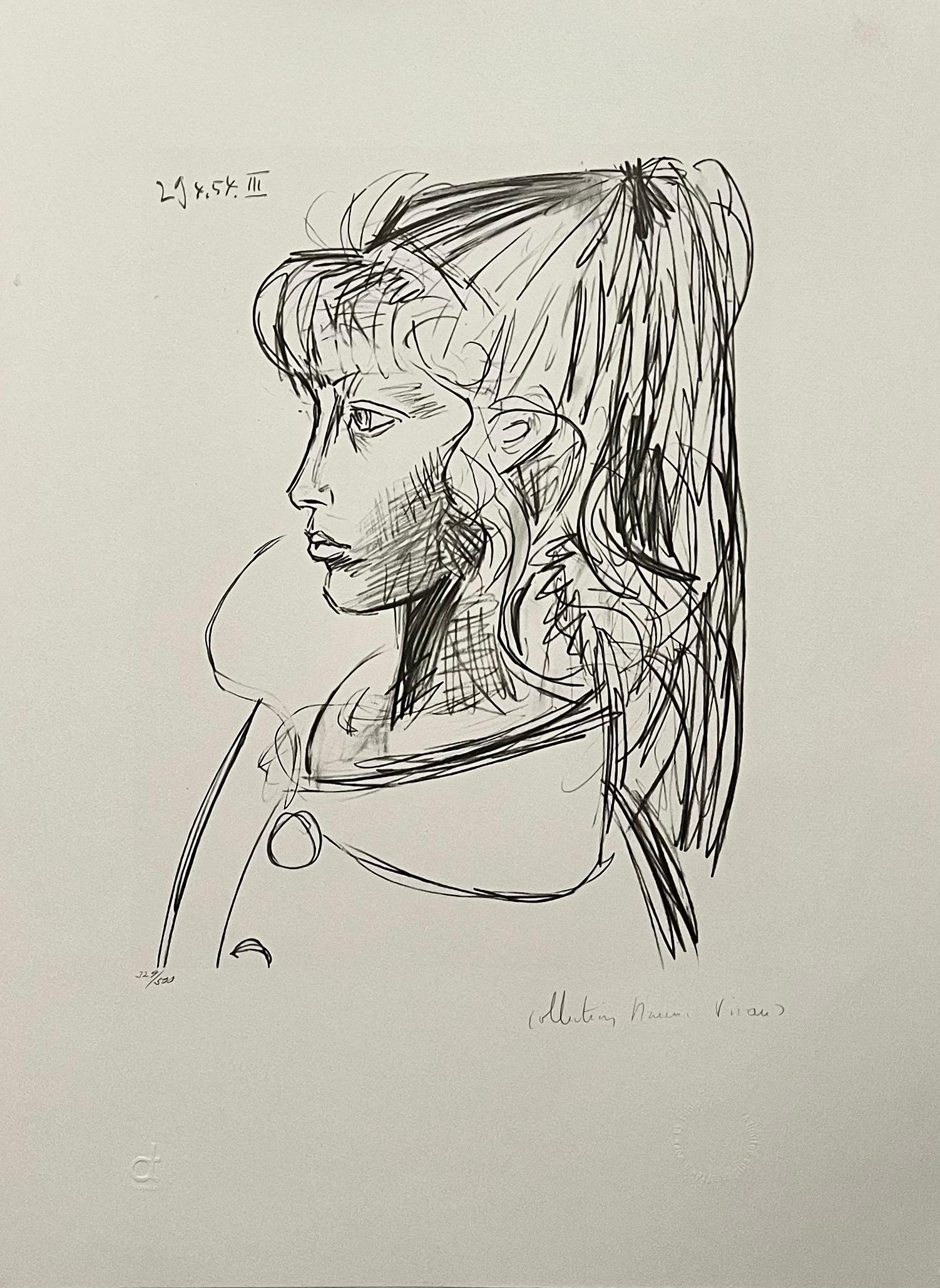 Abstract Print (after) Pablo Picasso - Portrait de jeune femme, lithographie cubiste signée à la main, propriété de Pablo Picasso