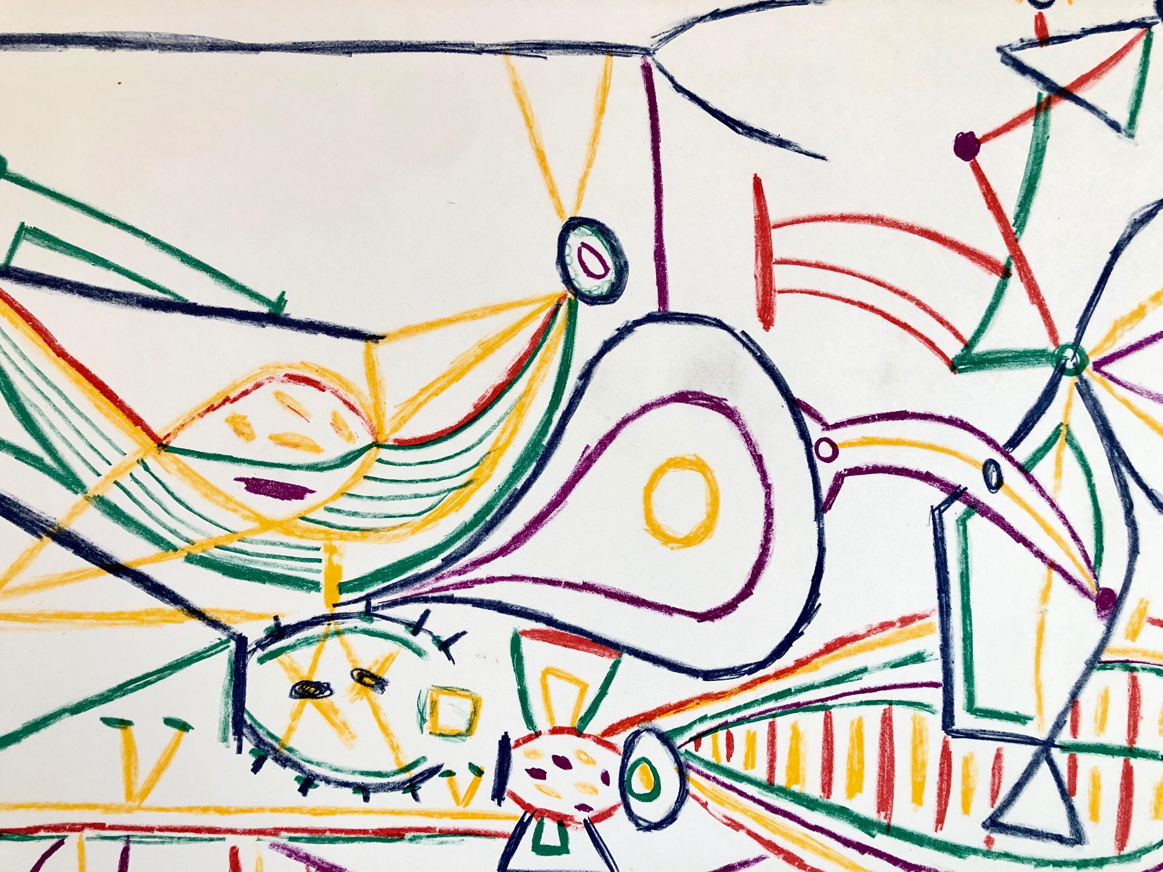 Vibrant red, blue, yellow vintage lithograph print. This is signed in the plate and dated. Picasso's abstract drawing lithograph was drawn by the artist direct on to plastic plates newly developed by Cowell's of Ipswich, and proofed under his