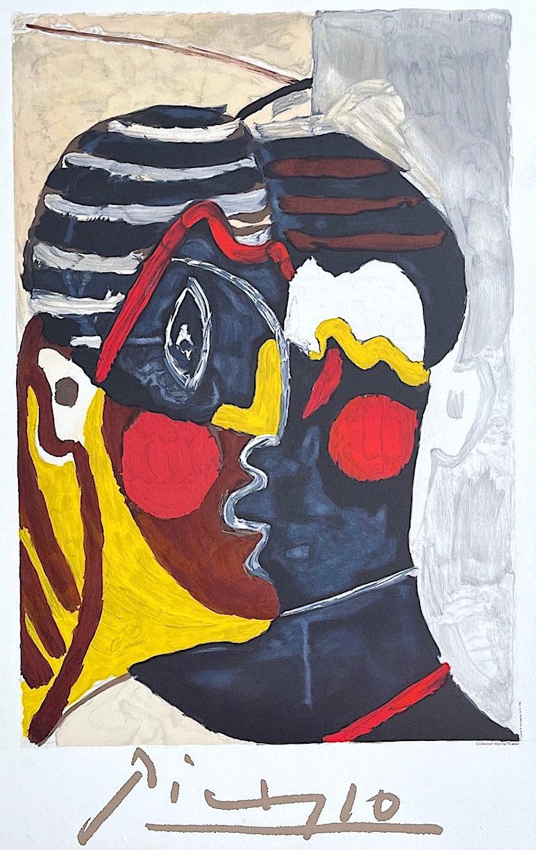 Paulo en Costume d'Arlequin, lithographie, visages abstraits, masque africain, rayures - Print de (after) Pablo Picasso