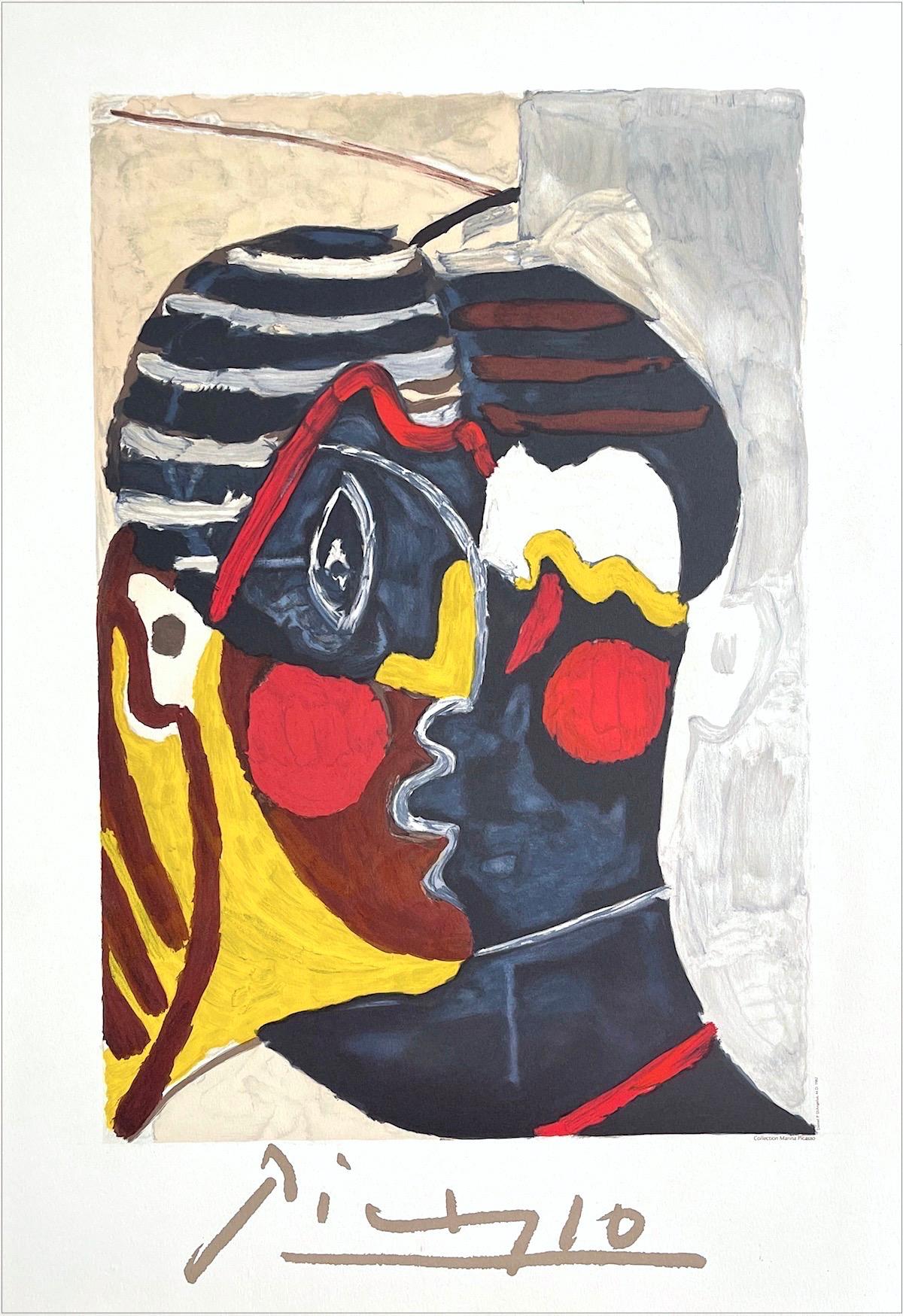 (after) Pablo Picasso Abstract Print - Paulo en Costume d'Arlequin, Lithograph, Abstract Faces, African Mask, Stripes